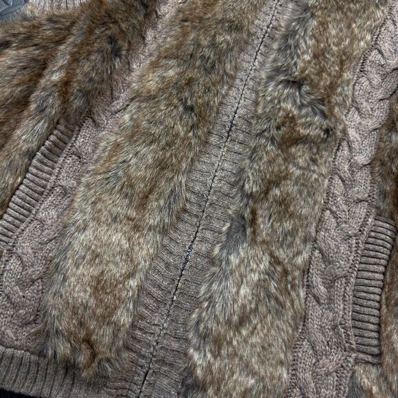 Green Tea Sweater Vest Womens 2XL Taupe Faux Fur Trim Lined Hooded Hand Pockets - Picture 4 of 9